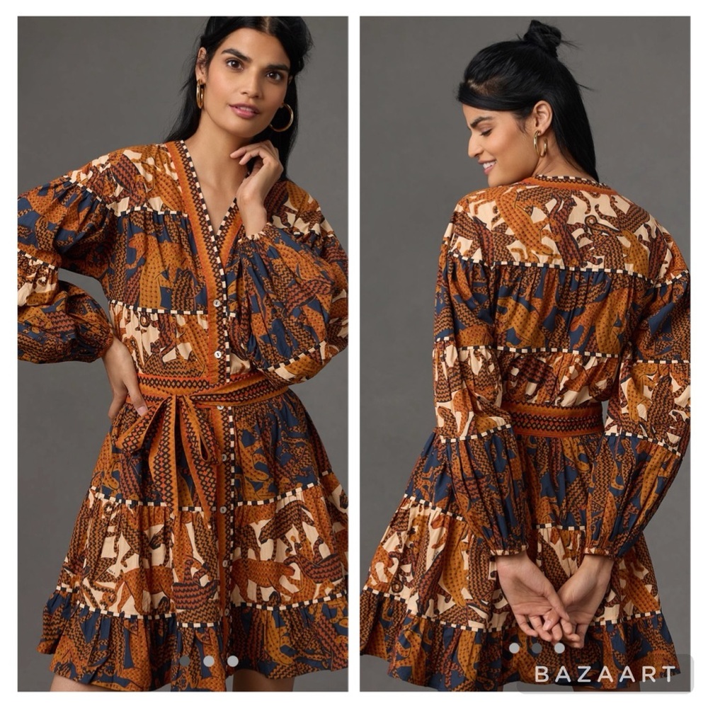 NWT Farm Rio Long-Sleeve V-Neck Printed Mini Dress Sz L